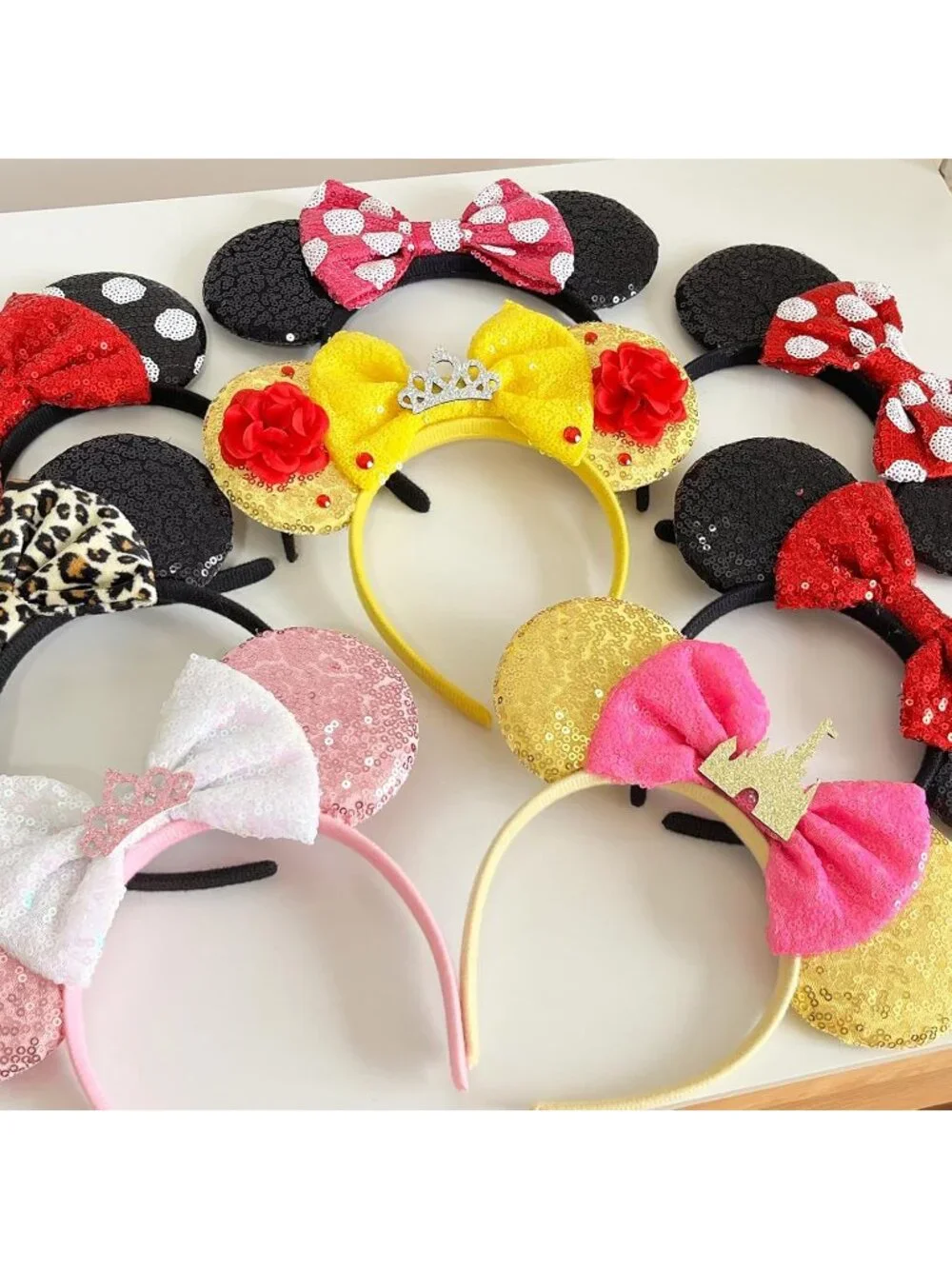 Women Rose pink Sequin Polyester Shiny Bows Mickey Mouse Headband
